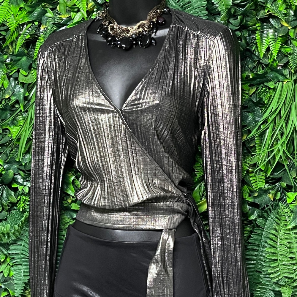 Ted Baker London Top 0 US 2 Metallic Gold Black Pleated Wrap Long Sleeve‎ 3558